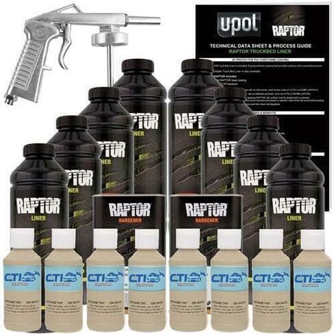 Raptor Truck Bed Liner Kit with Colored Sand Brown #30277 Tint and Spray Gun - 8 Liters - Protective Spray On Paint for Coating Trucks, Tailgates, Vehicle Undercoating - Tintable Bedliner Formula in Kuwait
