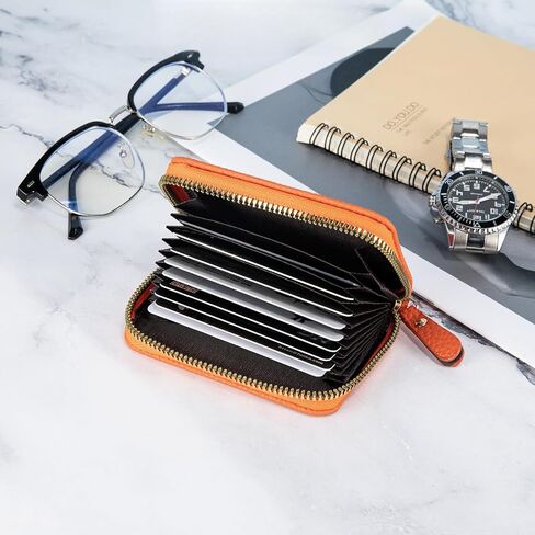 Mini and Portable Genuine Leather Credit Card Holder Zipper Wallet with 18 Card 2 Money Slots – Stylish, Compact Design for Easy Organization and Travel Convenience-Orange in Saudi Arabia