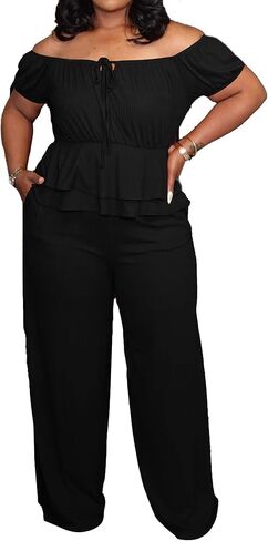 Womens Plus Size 2 Piece Outfits Sexy Off Shoulder Ruffle Short Sleeve Peplum Top Wide Leg Pant Suits Sets Party Outfit in Saudi Arabia