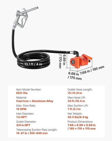 VEVOR Fuel Transfer Pump, 12V DC 15 GPM, Cast Iron Diesel Transfer Pump Kit, with Manual Nozzle, Discharge Hose, Overheat Protection, Power Cable, Explosion-Proof, for Gasoline Diesel Kerosene & More in Saudi Arabia