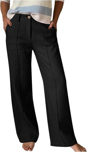Linen Dress Pants Women Dressy Casual Work Pants Summer High Waist Straight Wide Leg Travel Trousers with Pockets in Saudi Arabia