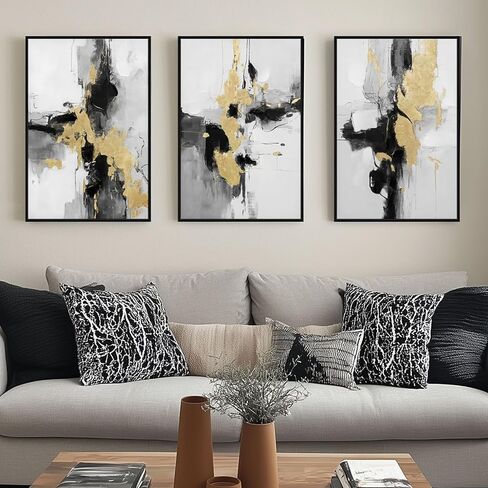 SAFERRYHOME مجردة محكم مؤطرة قماش جدار الفن، محايد الحد الأدنى جدار ديكور المطبوعات الفنية الحديثة، الذهب الأسود جدار اللوحة الفنية صور لغرفة المعيشة، غرفة نوم، غرفة الطعام، مكتب، 16 "× 24" × 3 in Kuwait