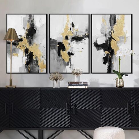 SAFERRYHOME مجردة محكم مؤطرة قماش جدار الفن، محايد الحد الأدنى جدار ديكور المطبوعات الفنية الحديثة، الذهب الأسود جدار اللوحة الفنية صور لغرفة المعيشة، غرفة نوم، غرفة الطعام، مكتب، 16 "× 24" × 3 in Kuwait