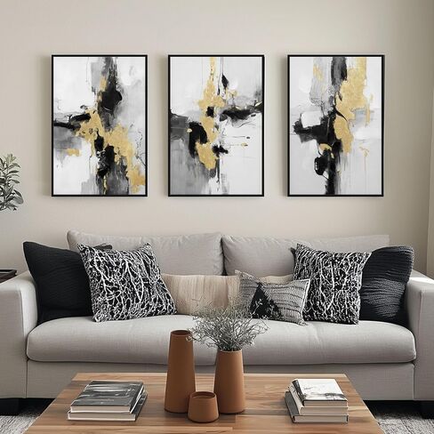 SAFERRYHOME مجردة محكم مؤطرة قماش جدار الفن، محايد الحد الأدنى جدار ديكور المطبوعات الفنية الحديثة، الذهب الأسود جدار اللوحة الفنية صور لغرفة المعيشة، غرفة نوم، غرفة الطعام، مكتب، 16 "× 24" × 3 in Kuwait
