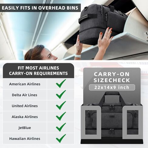 ZOMFELT حقيبة دفل للسفر، 40 لتر تحمل على الأمتعة 22 × 14 × 9 معتمدة من شركات الطيران، حقائب سفر من القماش الخشن للرجال والنساء، حقيبة مقاومة للماء طوال الليل مع جيب للأحذية للسفر، صالة الألعاب الرياضية، أسود in Kuwait