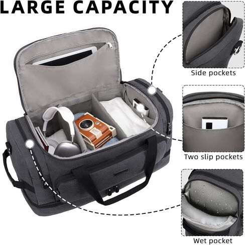 ZOMFELT حقيبة دفل للسفر، 40 لتر تحمل على الأمتعة 22 × 14 × 9 معتمدة من شركات الطيران، حقائب سفر من القماش الخشن للرجال والنساء، حقيبة مقاومة للماء طوال الليل مع جيب للأحذية للسفر، صالة الألعاب الرياضية، أسود in Kuwait