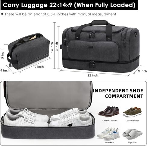 ZOMFELT حقيبة دفل للسفر، 40 لتر تحمل على الأمتعة 22 × 14 × 9 معتمدة من شركات الطيران، حقائب سفر من القماش الخشن للرجال والنساء، حقيبة مقاومة للماء طوال الليل مع جيب للأحذية للسفر، صالة الألعاب الرياضية، أسود in Kuwait