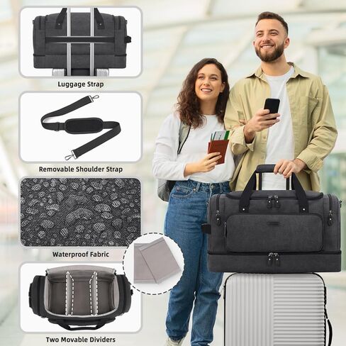 ZOMFELT حقيبة دفل للسفر، 40 لتر تحمل على الأمتعة 22 × 14 × 9 معتمدة من شركات الطيران، حقائب سفر من القماش الخشن للرجال والنساء، حقيبة مقاومة للماء طوال الليل مع جيب للأحذية للسفر، صالة الألعاب الرياضية، أسود in Kuwait