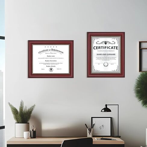 إطار الدبلوم | إطار شهادة مع زجاج مقوى عالي الدقة، شاشة عرض مقاس 8.5 × 11 بوصة، مثبتة على الطاولة والجدار (مجموعة من 2)، إطار مستندات من خشب الماهوجني مقاس 8.5 × 11 in Kuwait