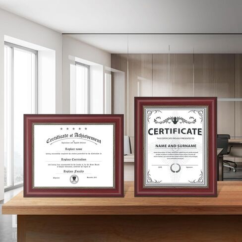 إطار الدبلوم | إطار شهادة مع زجاج مقوى عالي الدقة، شاشة عرض مقاس 8.5 × 11 بوصة، مثبتة على الطاولة والجدار (مجموعة من 2)، إطار مستندات من خشب الماهوجني مقاس 8.5 × 11 in Kuwait
