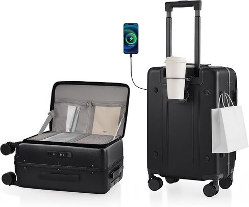21IN Carry On Luggage Airline Approved - Top Opening Aluminum Frame Hardside 100% PC Suitcase -with TSA Lock,Cup Holder,USB Charge,Side Pothook, 360°Spinner Wheels-Navy Blue in Kuwait