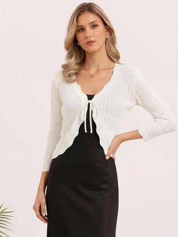 Allegra K Tie Front Cardigan for Women Crochet Bolero Shrug 3/4 Sleeve Knit Cropped Cardigans Tops in Saudi Arabia