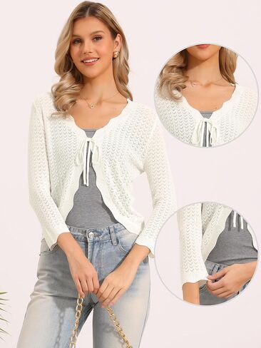 Allegra K Tie Front Cardigan for Women Crochet Bolero Shrug 3/4 Sleeve Knit Cropped Cardigans Tops in Saudi Arabia