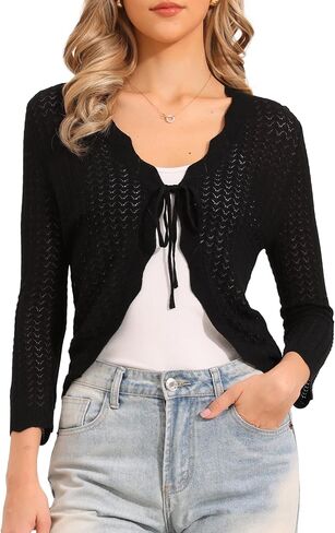Allegra K Tie Front Cardigan for Women Crochet Bolero Shrug 3/4 Sleeve Knit Cropped Cardigans Tops in Saudi Arabia