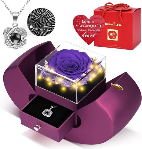 Preserved Real Red Rose Necklace Set with Light Up Box & 100 Languages I Love You Necklace,Valentine's Day Gifts for Her, Romantic Flowers Gifts for Wife Girlfriend, Anniversary Birthday Gift for Women in Saudi Arabia