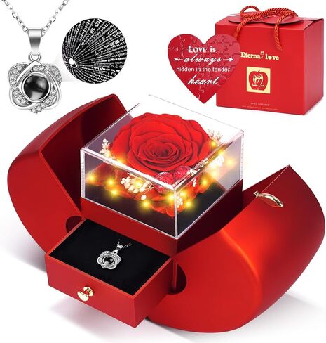 Preserved Real Red Rose Necklace Set with Light Up Box & 100 Languages I Love You Necklace,Valentine's Day Gifts for Her, Romantic Flowers Gifts for Wife Girlfriend, Anniversary Birthday Gift for Women in Saudi Arabia