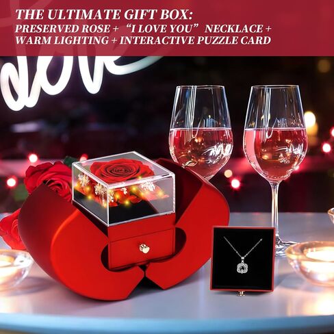 Preserved Real Red Rose Necklace Set with Light Up Box & 100 Languages I Love You Necklace,Valentine's Day Gifts for Her, Romantic Flowers Gifts for Wife Girlfriend, Anniversary Birthday Gift for Women in Saudi Arabia