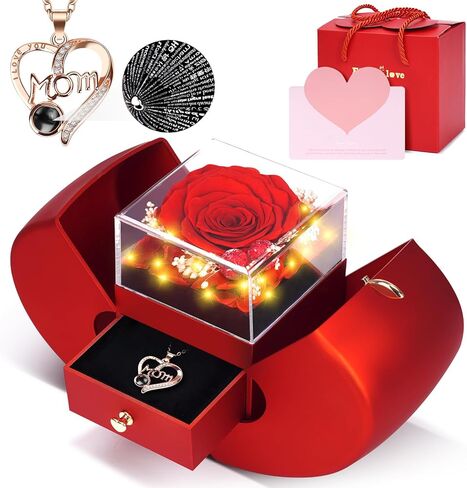 Preserved Real Red Rose Necklace Set with Light Up Box & 100 Languages I Love You Necklace,Valentine's Day Gifts for Her, Romantic Flowers Gifts for Wife Girlfriend, Anniversary Birthday Gift for Women in Saudi Arabia