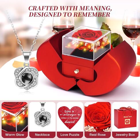 Preserved Real Red Rose Necklace Set with Light Up Box & 100 Languages I Love You Necklace,Valentine's Day Gifts for Her, Romantic Flowers Gifts for Wife Girlfriend, Anniversary Birthday Gift for Women in Saudi Arabia