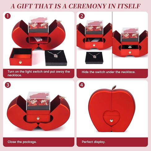Preserved Real Red Rose Necklace Set with Light Up Box & 100 Languages I Love You Necklace,Valentine's Day Gifts for Her, Romantic Flowers Gifts for Wife Girlfriend, Anniversary Birthday Gift for Women in Saudi Arabia