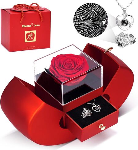 Preserved Real Red Rose Necklace Set with Light Up Box & 100 Languages I Love You Necklace,Valentine's Day Gifts for Her, Romantic Flowers Gifts for Wife Girlfriend, Anniversary Birthday Gift for Women in Saudi Arabia