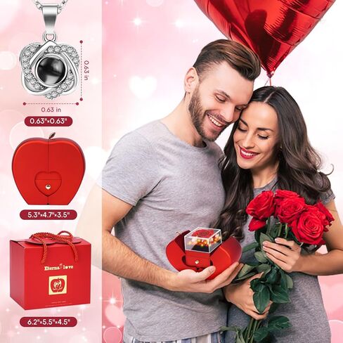 Preserved Real Red Rose Necklace Set with Light Up Box & 100 Languages I Love You Necklace,Valentine's Day Gifts for Her, Romantic Flowers Gifts for Wife Girlfriend, Anniversary Birthday Gift for Women in Saudi Arabia