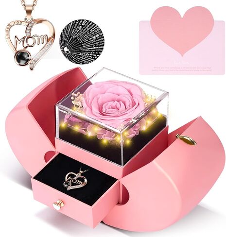 Preserved Real Red Rose Necklace Set with Light Up Box & 100 Languages I Love You Necklace,Valentine's Day Gifts for Her, Romantic Flowers Gifts for Wife Girlfriend, Anniversary Birthday Gift for Women in Saudi Arabia