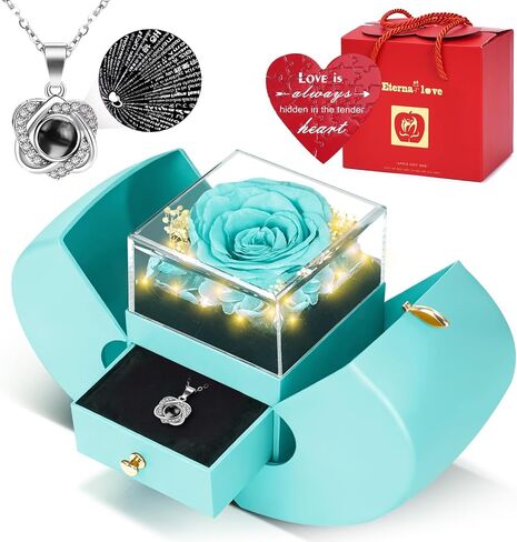 Preserved Real Red Rose Necklace Set with Light Up Box & 100 Languages I Love You Necklace,Valentine's Day Gifts for Her, Romantic Flowers Gifts for Wife Girlfriend, Anniversary Birthday Gift for Women in Saudi Arabia