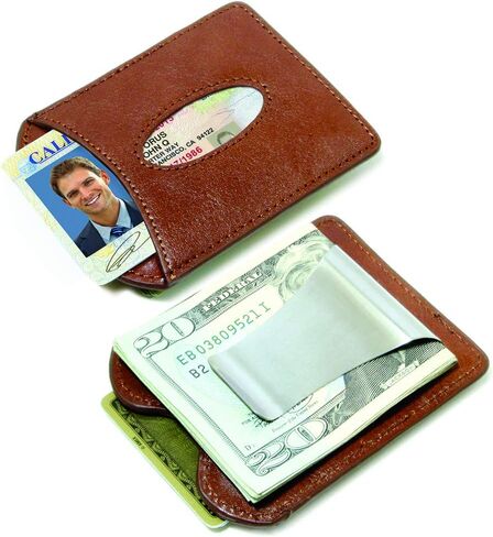 حامل بطاقات جلدية بمشبك نقود ذكي من Storus | محفظة جيب نحيفة وبسيطة | ستانلس ستيل + ​​جلد إيطالي فاخر | كونياك براون | للرجال والنساء والطلاب والهدايا in Kuwait