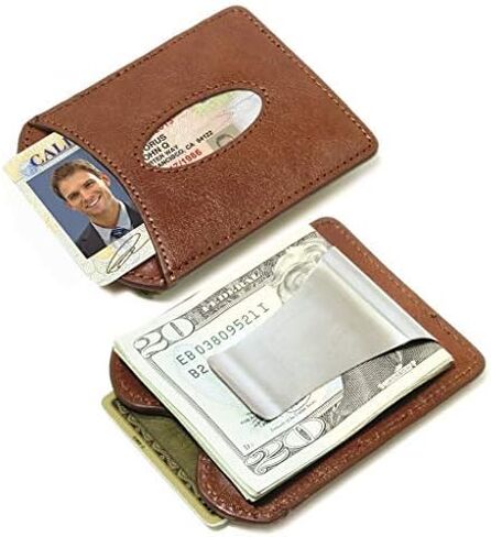 حامل بطاقات جلدية بمشبك نقود ذكي من Storus | محفظة جيب نحيفة وبسيطة | ستانلس ستيل + ​​جلد إيطالي فاخر | كونياك براون | للرجال والنساء والطلاب والهدايا in Kuwait