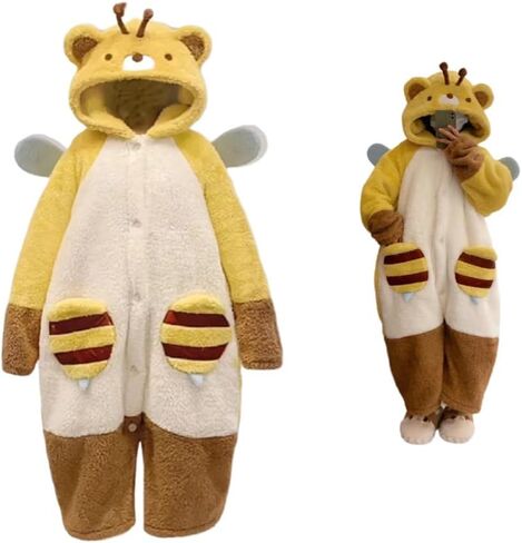 cacacece Winter Bee Hooded Onesie Pajamas – Plush Animal Cosplay Sleepwear Robe, Thick Warm Loungewear for Cold Nights in Saudi Arabia