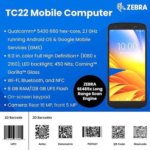 Zebra TC22 Mobile Barcode Scanner | 6" Touch Screen | WiFi 6, Bluetooth, NFC, USB-C | Android Handheld | Integrated 1D/2D/QR Barcode Scanner (Renewed) in Kuwait