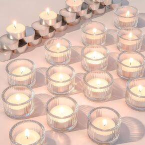 32 مجموعة شموع تيلايت مع حاملات شموع غير معطرة شموع نذرية بدون دخان لطاولة مركزية زجاجية مضلعة شموع كبيرة الحجم لغرفة المعيشة المنزلية وحفلات الزفاف وأعياد الميلاد (شفاف) in Kuwait