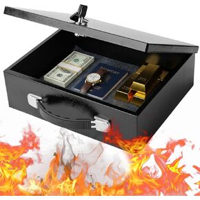 صندوق مستندات مقاوم للحريق مع قفل مفتاح، صندوق قفل مقاوم للحريق، صندوق آمن منزلي معدني مقاوم للحريق للمستندات والمجوهرات والنقود والأجهزة اللوحية والأشياء الشخصية، 12.8 بوصة × 8.5 بوصة × 4.13 بوصة in Kuwait