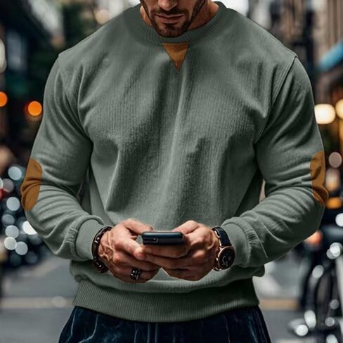 Men's Casual Crewneck Sweatshirt, with Contrast Elbow Patches, Ribbed Cuffs, Long Sleeve Pullover Top, for Daily Wear in Saudi Arabia