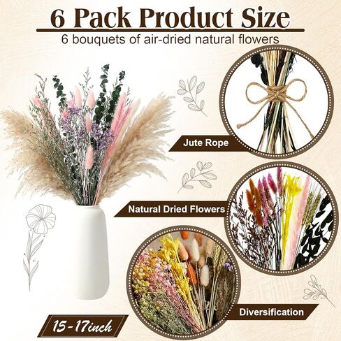 6 Bunches Large Size Dried Flower Bouquet 15 -17 Inch Natural Dried Pampas Grass Lavender Babys Breath Eucalyptus with Stems Flower Arrangements for Vase Boho Wedding Rustic Farmhour Home Decor in Saudi Arabia