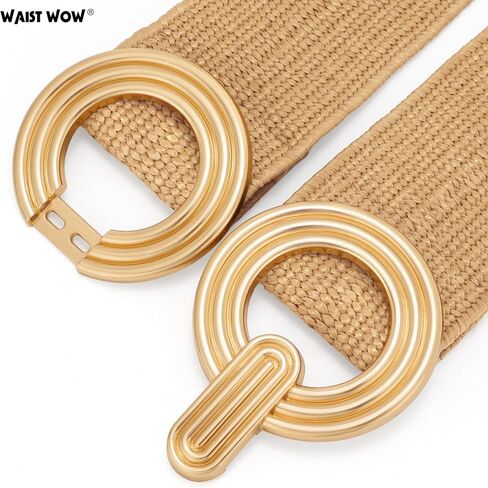 Straw Woven Elastic Belt for Women Fashion Wide Belts Stretchy Boho Belt Ladies Beach Dress Belt with Gold Buckle in Kuwait