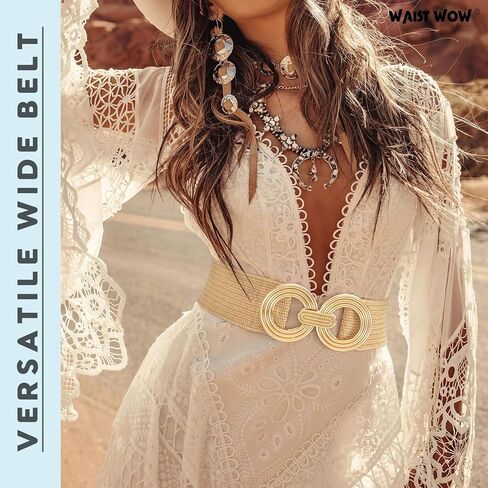 Straw Woven Elastic Belt for Women Fashion Wide Belts Stretchy Boho Belt Ladies Beach Dress Belt with Gold Buckle in Kuwait