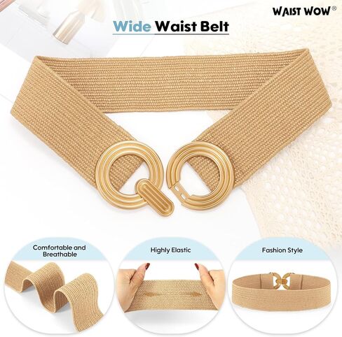 Straw Woven Elastic Belt for Women Fashion Wide Belts Stretchy Boho Belt Ladies Beach Dress Belt with Gold Buckle in Kuwait