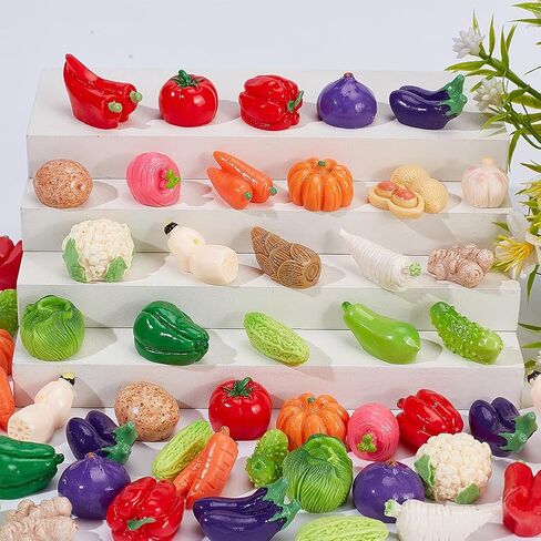 50Pcs Resin Artificial Vegetable Miniature Vegetables Figures Faux Tomatoes Carrots Onion Mushroom Potato Eggplant Vegetable Decorations Luminous Decor Tiny Figures for Home Kitchen Decor in Saudi Arabia