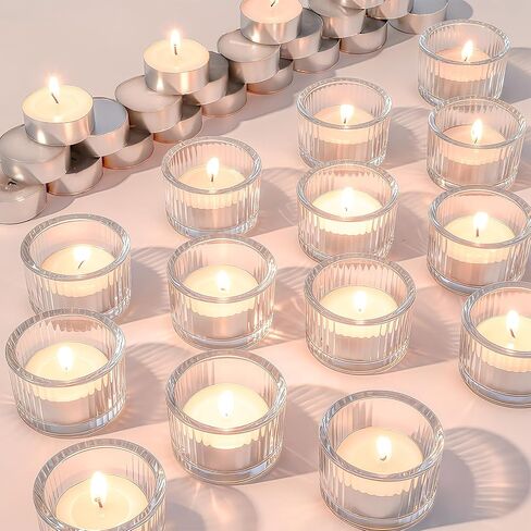 32 مجموعة شموع تيلايت مع حاملات شموع غير معطرة شموع نذرية بدون دخان لطاولة مركزية زجاجية مضلعة شموع كبيرة الحجم لغرفة المعيشة المنزلية وحفلات الزفاف وأعياد الميلاد (شفاف) in Kuwait