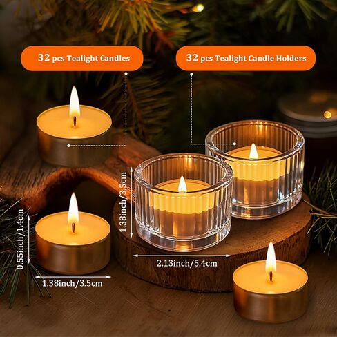32 مجموعة شموع تيلايت مع حاملات شموع غير معطرة شموع نذرية بدون دخان لطاولة مركزية زجاجية مضلعة شموع كبيرة الحجم لغرفة المعيشة المنزلية وحفلات الزفاف وأعياد الميلاد (شفاف) in Kuwait