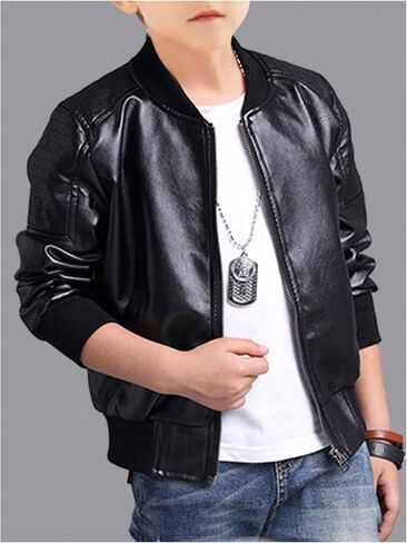 Boy's Fax PU Leather Bomber Jacket Zip Up Long Sleeve Biker Outerwear Motorcycle Coat Streetwear in Saudi Arabia