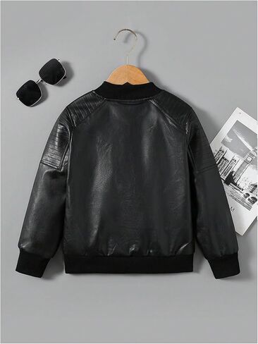 Boy's Fax PU Leather Bomber Jacket Zip Up Long Sleeve Biker Outerwear Motorcycle Coat Streetwear in Saudi Arabia