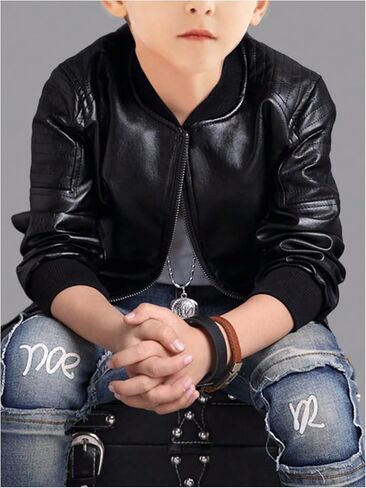 Boy's Fax PU Leather Bomber Jacket Zip Up Long Sleeve Biker Outerwear Motorcycle Coat Streetwear in Saudi Arabia