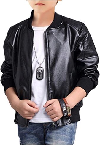 Boy's Fax PU Leather Bomber Jacket Zip Up Long Sleeve Biker Outerwear Motorcycle Coat Streetwear in Saudi Arabia