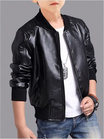Boy's Fax PU Leather Bomber Jacket Zip Up Long Sleeve Biker Outerwear Motorcycle Coat Streetwear in Saudi Arabia