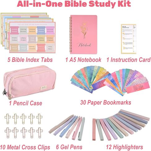 Goldge Bible Journaling Kit, Bible Study Supplies with 18 No Bleed Highlighters & Pens, 30 Index Tabs, Notebook, Pencil Case, Annotation Kit for Women, Christian Gift, Valentines Day Gift for Her in Saudi Arabia