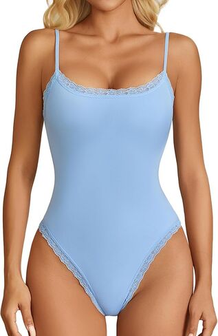 Avidlove Women Square Neck Lace Bodysuit Sleeveless Spaghetti Strap Tank Top Body Suits in Kuwait