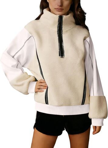 Women's Half Zip Fleece Sweatshirt Oversized Long Sleeve Pullover Fuzzy Color Block Warm Outerwear Tops in Kuwait